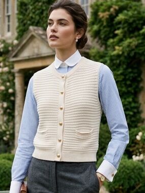 Magaschoni Cream Knit Button-Front Vest with Goldtone Buttons